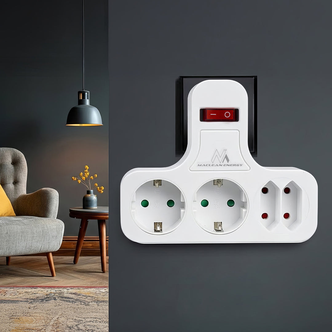 Maclean MCE224 Stopcontact Viervoudig met aan/uit schakelaar Stabilisatievoet Schuko type, 2x2.5A, 2x16A