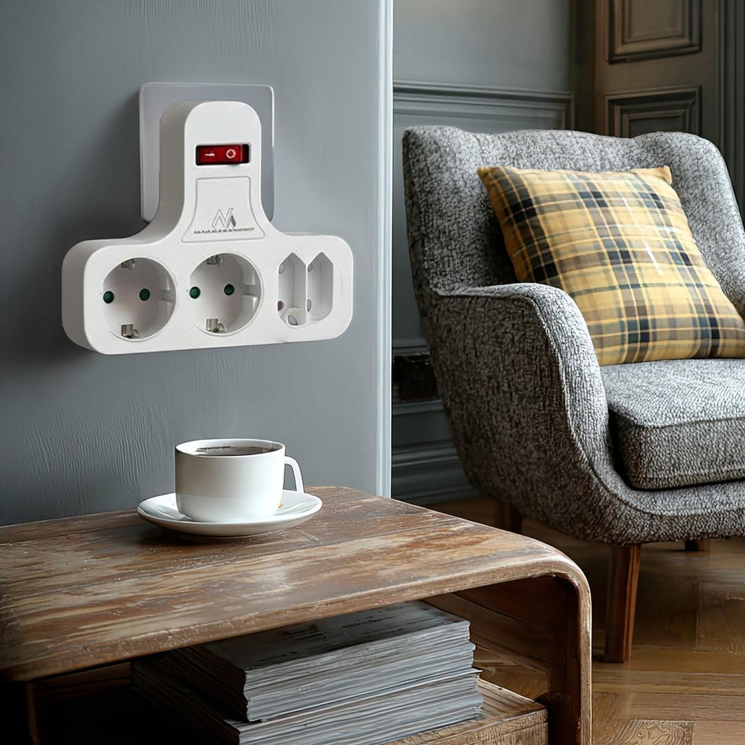 Maclean MCE224 Stopcontact Viervoudig met aan/uit schakelaar Stabilisatievoet Schuko type, 2x2.5A, 2x16A