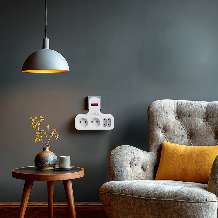 Maclean stekkerdoos, viervoudig met aan/uit schakelaar, stabilisatievoet, type E, 2x2,5A, 2x16A, MCE224