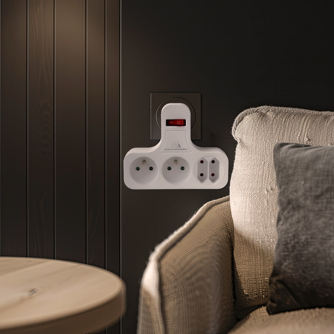 Maclean stekkerdoos, viervoudig met aan/uit schakelaar, stabilisatievoet, type E, 2x2,5A, 2x16A, MCE224