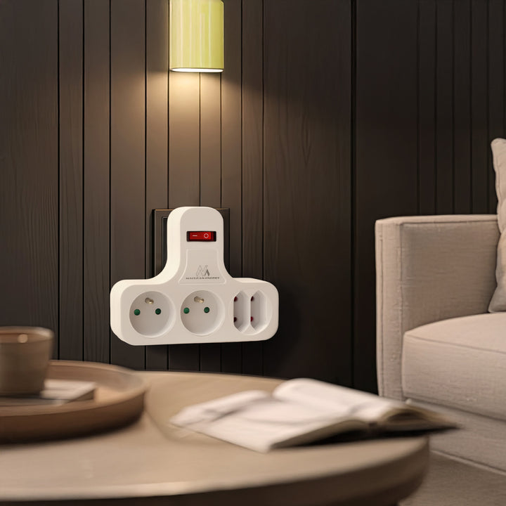 Maclean stekkerdoos, viervoudig met aan/uit schakelaar, stabilisatievoet, type E, 2x2,5A, 2x16A, MCE224