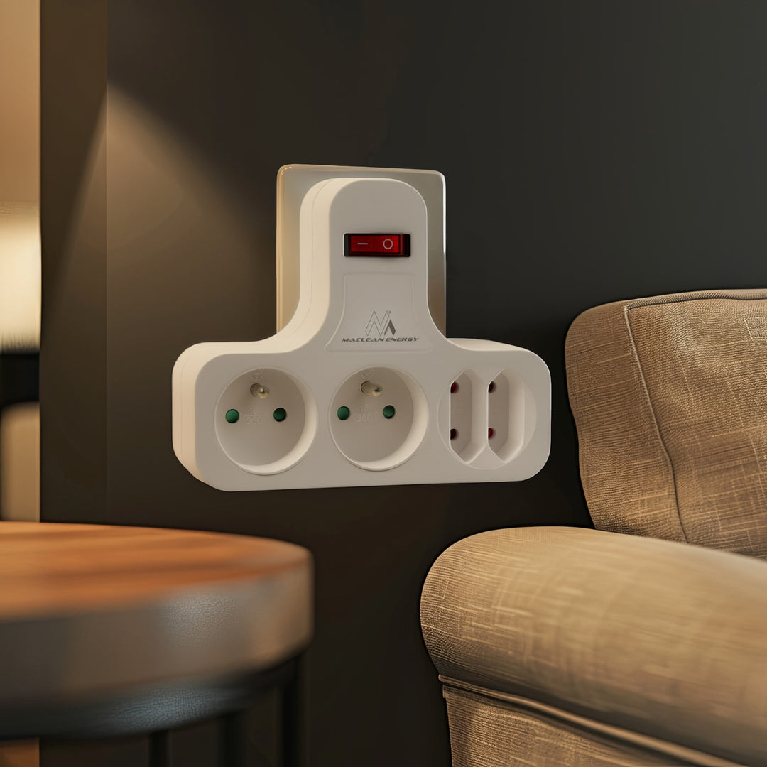 Maclean stekkerdoos, viervoudig met aan/uit schakelaar, stabilisatievoet, type E, 2x2,5A, 2x16A, MCE224