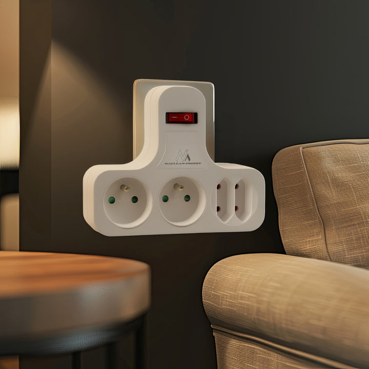 Maclean stekkerdoos, viervoudig met aan/uit schakelaar, stabilisatievoet, type E, 2x2,5A, 2x16A, MCE224