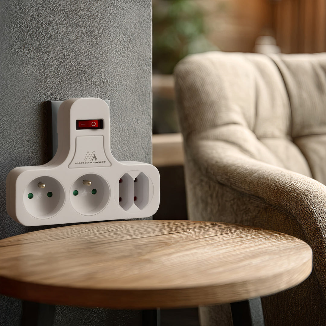 Maclean stekkerdoos, viervoudig met aan/uit schakelaar, stabilisatievoet, type E, 2x2,5A, 2x16A, MCE224