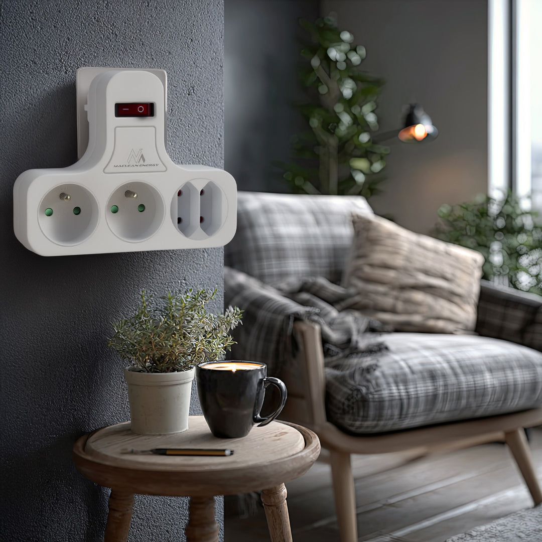 Maclean stekkerdoos, viervoudig met aan/uit schakelaar, stabilisatievoet, type E, 2x2,5A, 2x16A, MCE224