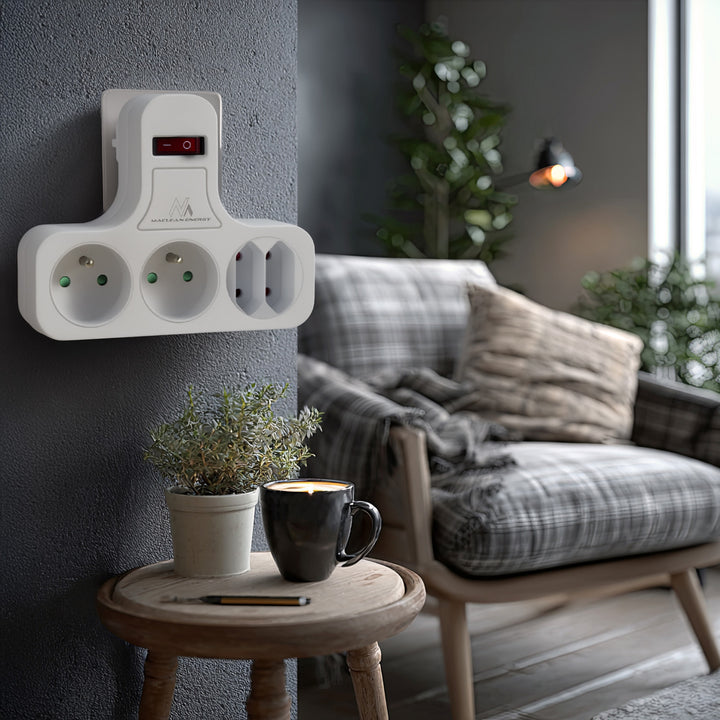 Maclean stekkerdoos, viervoudig met aan/uit schakelaar, stabilisatievoet, type E, 2x2,5A, 2x16A, MCE224