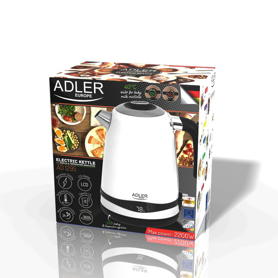 Adler waterkoker, snoerloos, LCD-display, 2200 W, 1,7 l, AD 1295w