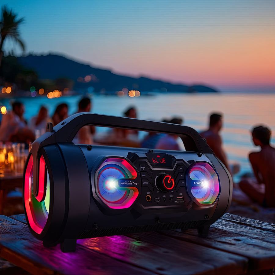 Audiocore AC875 Bazooka Draagbare Bluetooth-luidspreker Boombox 30W (20W + 5Wx2) IPX4 Spatwaterdicht / Radio / microSD / Aux-In / USB / Verlichting / Microfoonpoort / Afstandsbediening