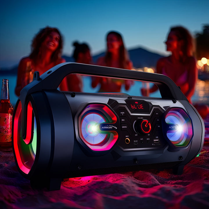 Audiocore AC875 Bazooka Draagbare Bluetooth-luidspreker Boombox 30W (20W + 5Wx2) IPX4 Spatwaterdicht / Radio / microSD / Aux-In / USB / Verlichting / Microfoonpoort / Afstandsbediening