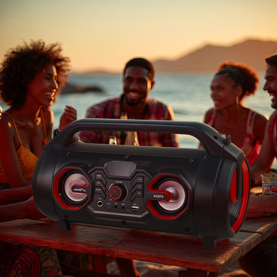 Audiocore AC875 Bazooka Draagbare Bluetooth-luidspreker Boombox 30W (20W + 5Wx2) IPX4 Spatwaterdicht / Radio / microSD / Aux-In / USB / Verlichting / Microfoonpoort / Afstandsbediening
