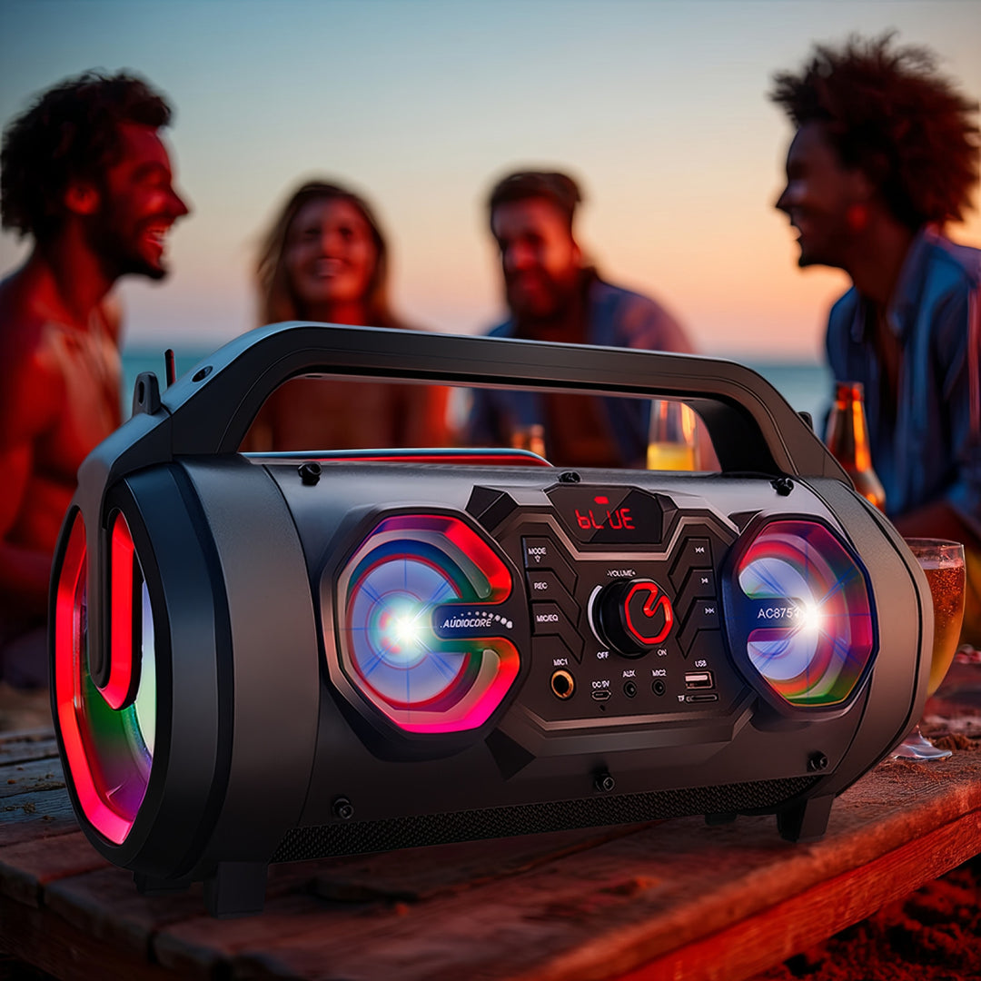 Audiocore AC875 Bazooka Draagbare Bluetooth-luidspreker Boombox 30W (20W + 5Wx2) IPX4 Spatwaterdicht / Radio / microSD / Aux-In / USB / Verlichting / Microfoonpoort / Afstandsbediening