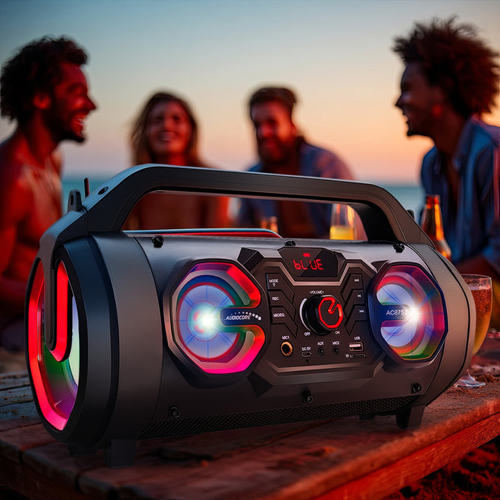 Audiocore AC875 Bazooka Draagbare Bluetooth-luidspreker Boombox 30W (20W + 5Wx2) IPX4 Spatwaterdicht / Radio / microSD / Aux-In / USB / Verlichting / Microfoonpoort / Afstandsbediening