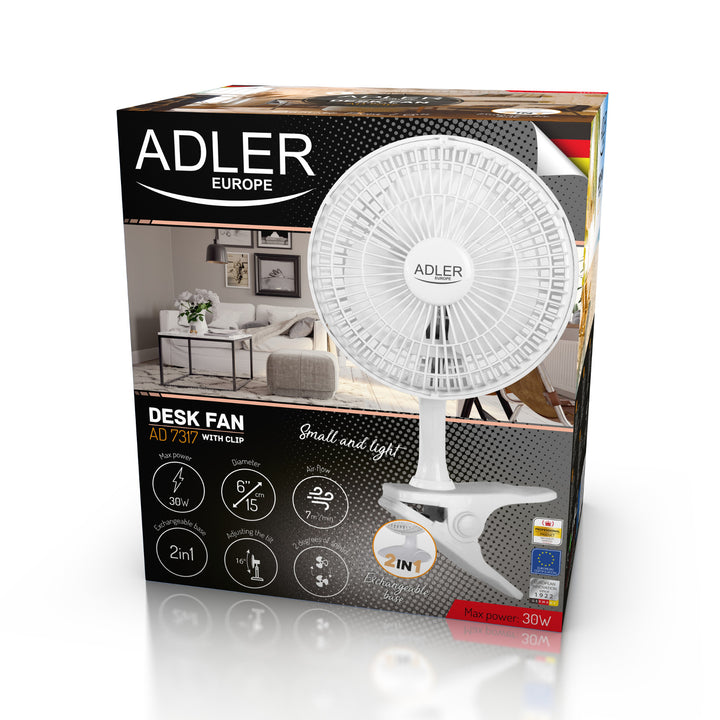 Adler bureauventilator, clip en voet, diameter 15 cm, max. vermogen 30W, AD7317