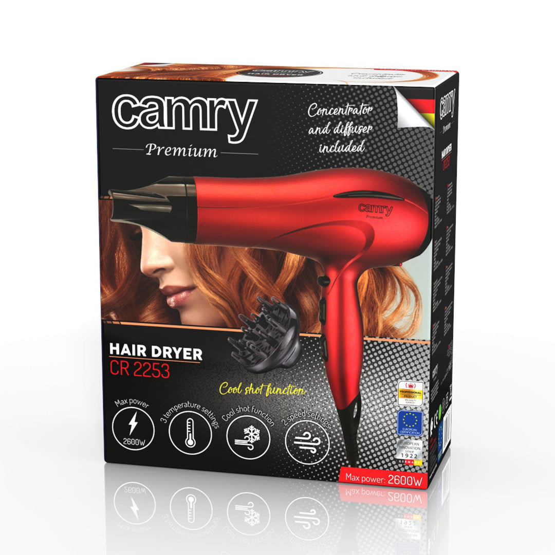 Camry haardroger, 2 blaassterktes, 3 temperatuurstanden, 2400W, rood, CR 2253