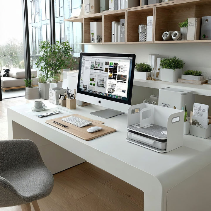 Bureau-organizer met draadloze Qi-oplader, lade en boekensteun voor kantoorbenodigdheden Qi-oplaadstation Bureau-organizer Bureaublad tot 10 kg Wit