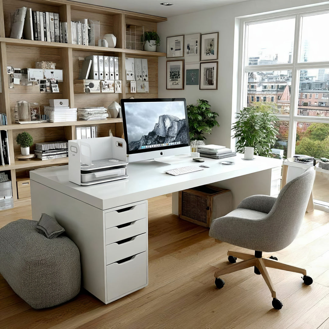 Bureau-organizer met draadloze Qi-oplader, lade en boekensteun voor kantoorbenodigdheden Qi-oplaadstation Bureau-organizer Bureaublad tot 10 kg Wit