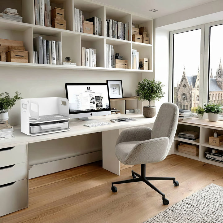 Bureau-organizer met draadloze Qi-oplader, lade en boekensteun voor kantoorbenodigdheden Qi-oplaadstation Bureau-organizer Bureaublad tot 10 kg Wit