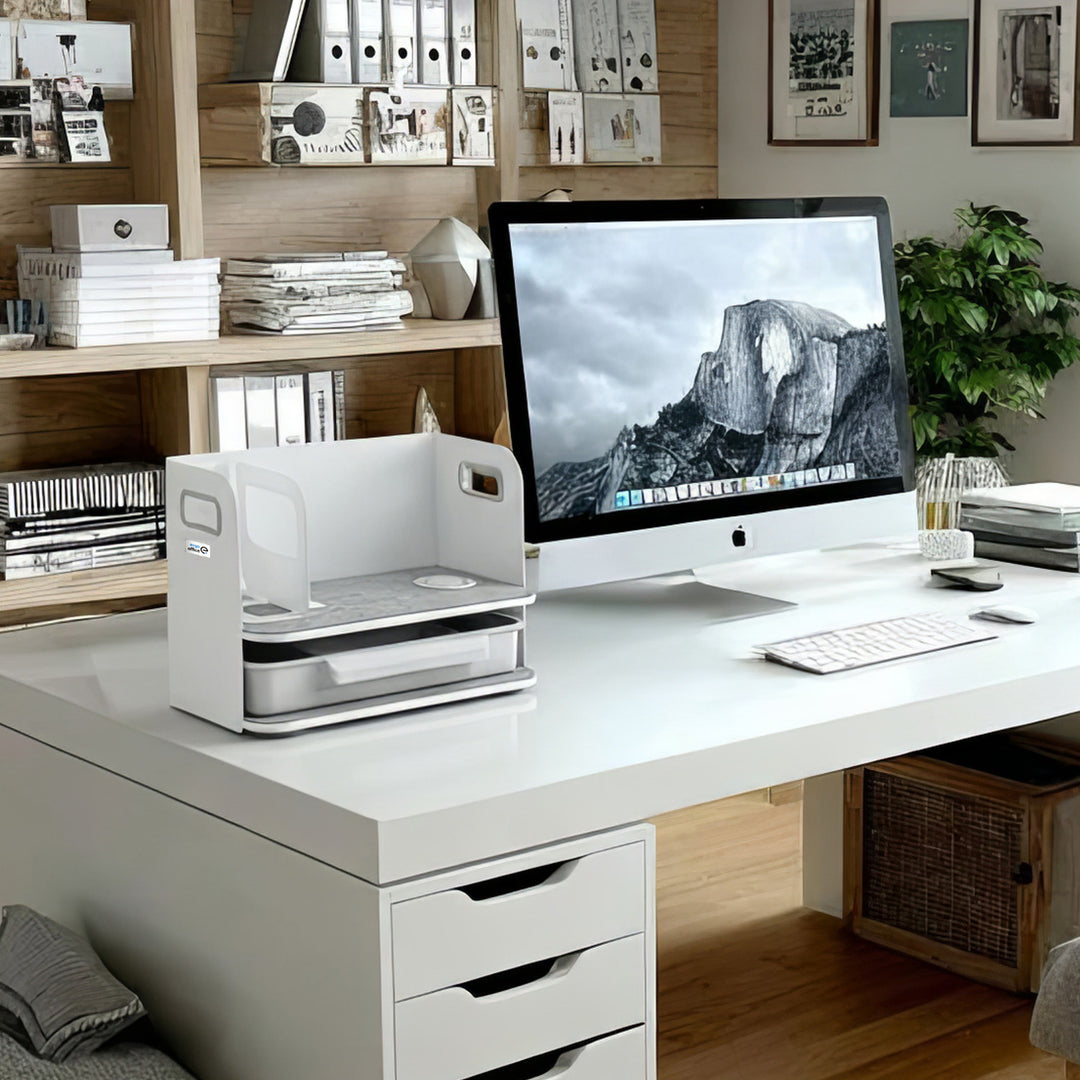 Bureau-organizer met draadloze Qi-oplader, lade en boekensteun voor kantoorbenodigdheden Qi-oplaadstation Bureau-organizer Bureaublad tot 10 kg Wit