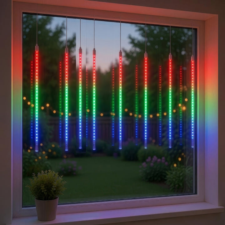 Maclean MCE412 Solar LED Icicle Fairy Lights 144 LED 8 x 30 cm Icicles RGB Lichtgordijn 2,4 m Kerstverlichting IP44 Decoratie Solar Light
