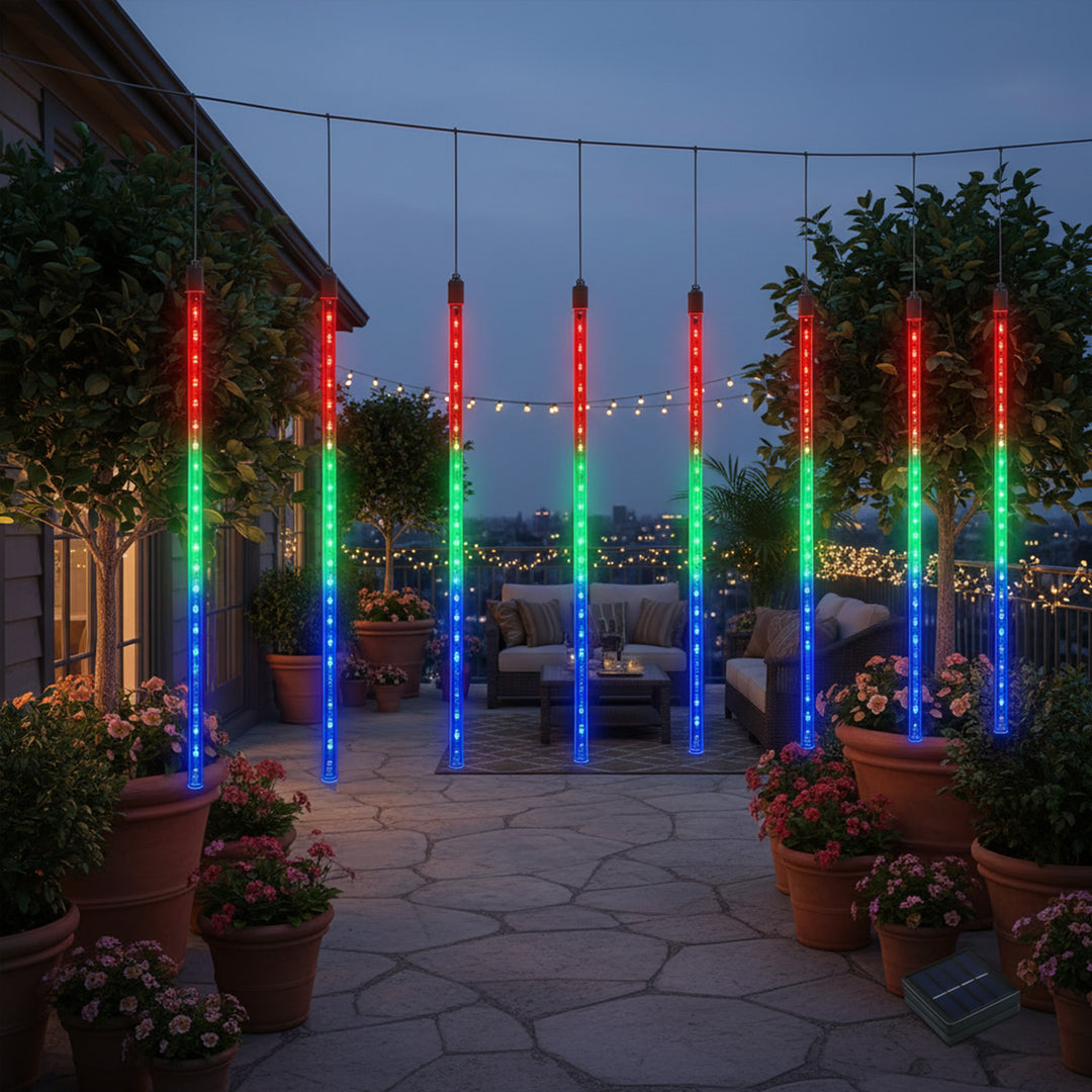 Maclean MCE412 Solar LED Icicle Fairy Lights 144 LED 8 x 30 cm Icicles RGB Lichtgordijn 2,4 m Kerstverlichting IP44 Decoratie Solar Light