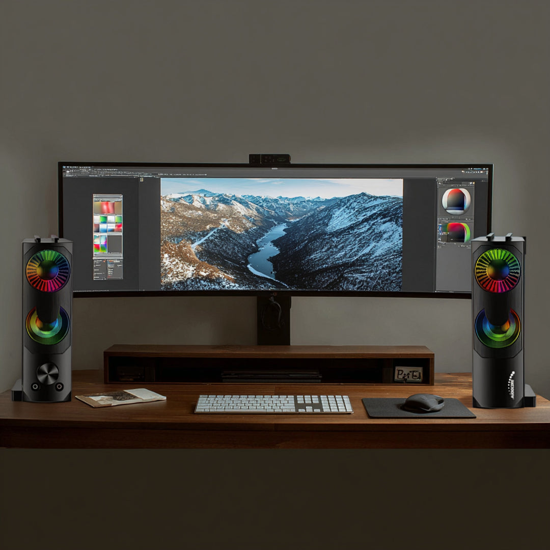 Audiocore AC955 2 in 1 2.0 PC-luidsprekers met Soundbar-functie RGB-achtergrondverlichting Stereoluidsprekers 2x3W RMS AUX 3,5 mm USB-voeding