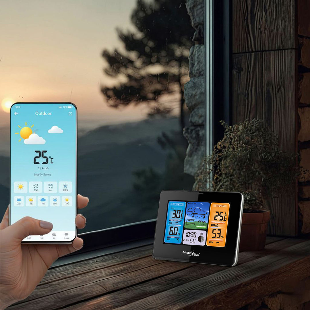 GreenBlue GB215 WiFi-weerstation met weersvoorspelling-app Compatibel met TUYA-display 7 talen Binnen- en buitentemperatuur Maanfaseweergave Datum- en dagweergave Weersvoorspellingsfunctie IPX4