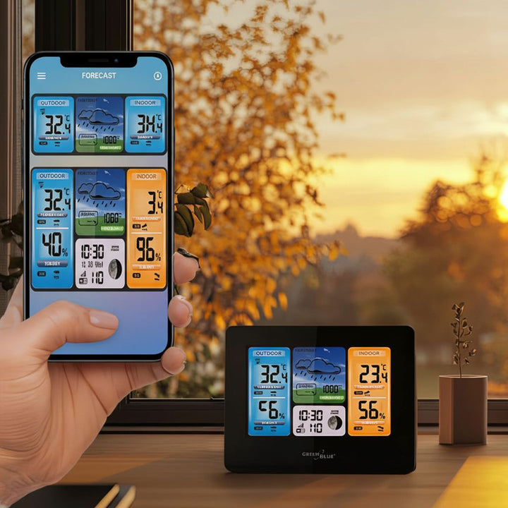 GreenBlue GB215 WiFi-weerstation met weersvoorspelling-app Compatibel met TUYA-display 7 talen Binnen- en buitentemperatuur Maanfaseweergave Datum- en dagweergave Weersvoorspellingsfunctie IPX4