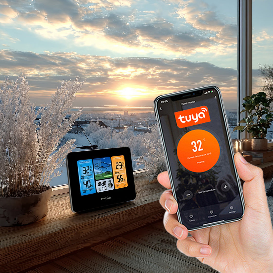 GreenBlue GB215 WiFi-weerstation met weersvoorspelling-app Compatibel met TUYA-display 7 talen Binnen- en buitentemperatuur Maanfaseweergave Datum- en dagweergave Weersvoorspellingsfunctie IPX4