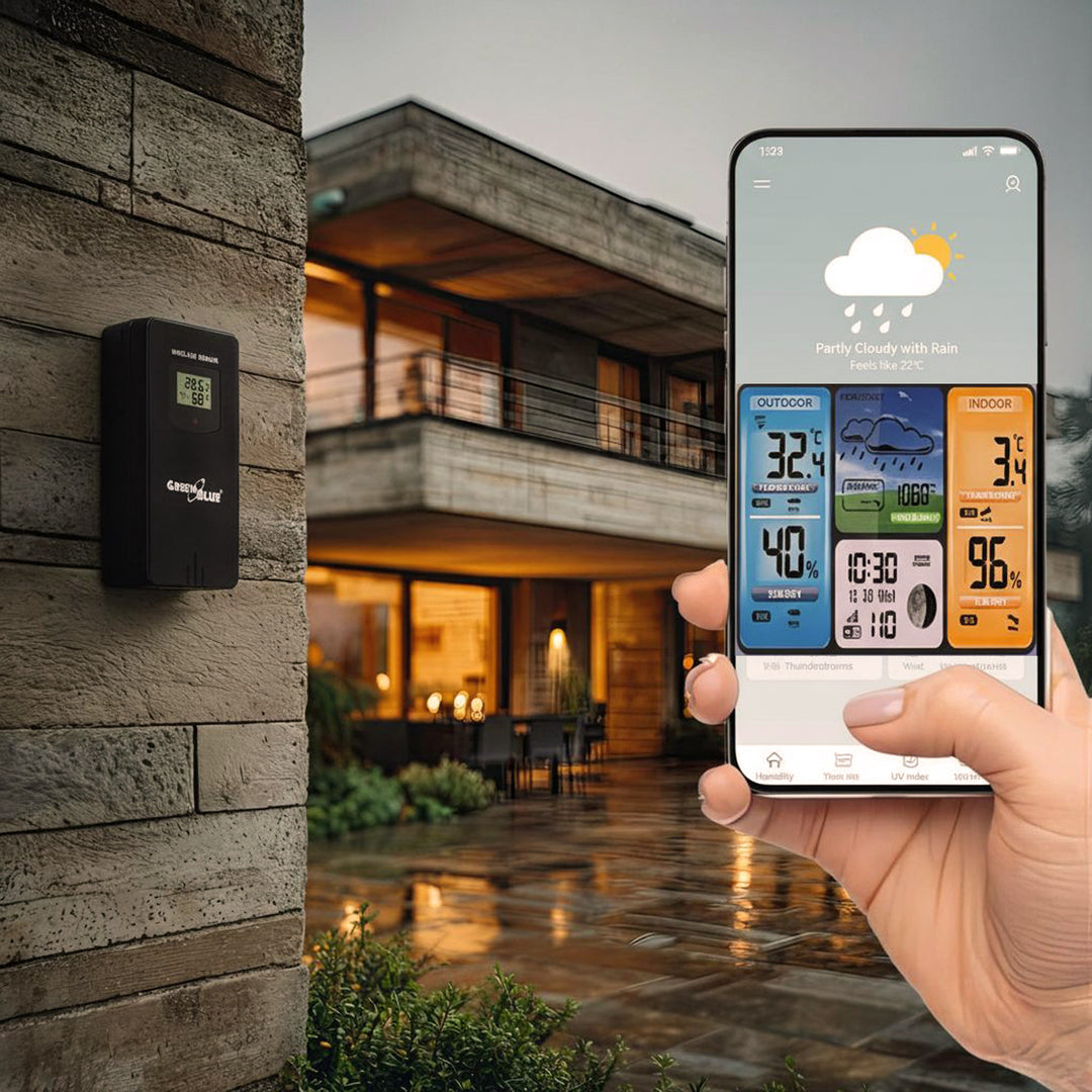 GreenBlue GB215 WiFi-weerstation met weersvoorspelling-app Compatibel met TUYA-display 7 talen Binnen- en buitentemperatuur Maanfaseweergave Datum- en dagweergave Weersvoorspellingsfunctie IPX4