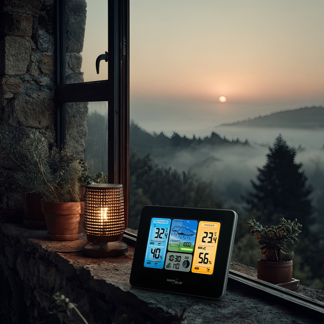 GreenBlue GB215 WiFi-weerstation met weersvoorspelling-app Compatibel met TUYA-display 7 talen Binnen- en buitentemperatuur Maanfaseweergave Datum- en dagweergave Weersvoorspellingsfunctie IPX4