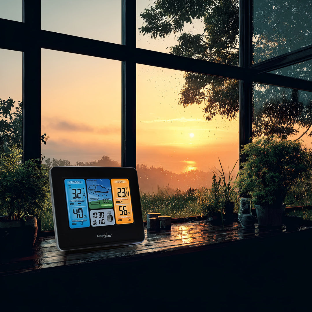 GreenBlue GB215 WiFi-weerstation met weersvoorspelling-app Compatibel met TUYA-display 7 talen Binnen- en buitentemperatuur Maanfaseweergave Datum- en dagweergave Weersvoorspellingsfunctie IPX4