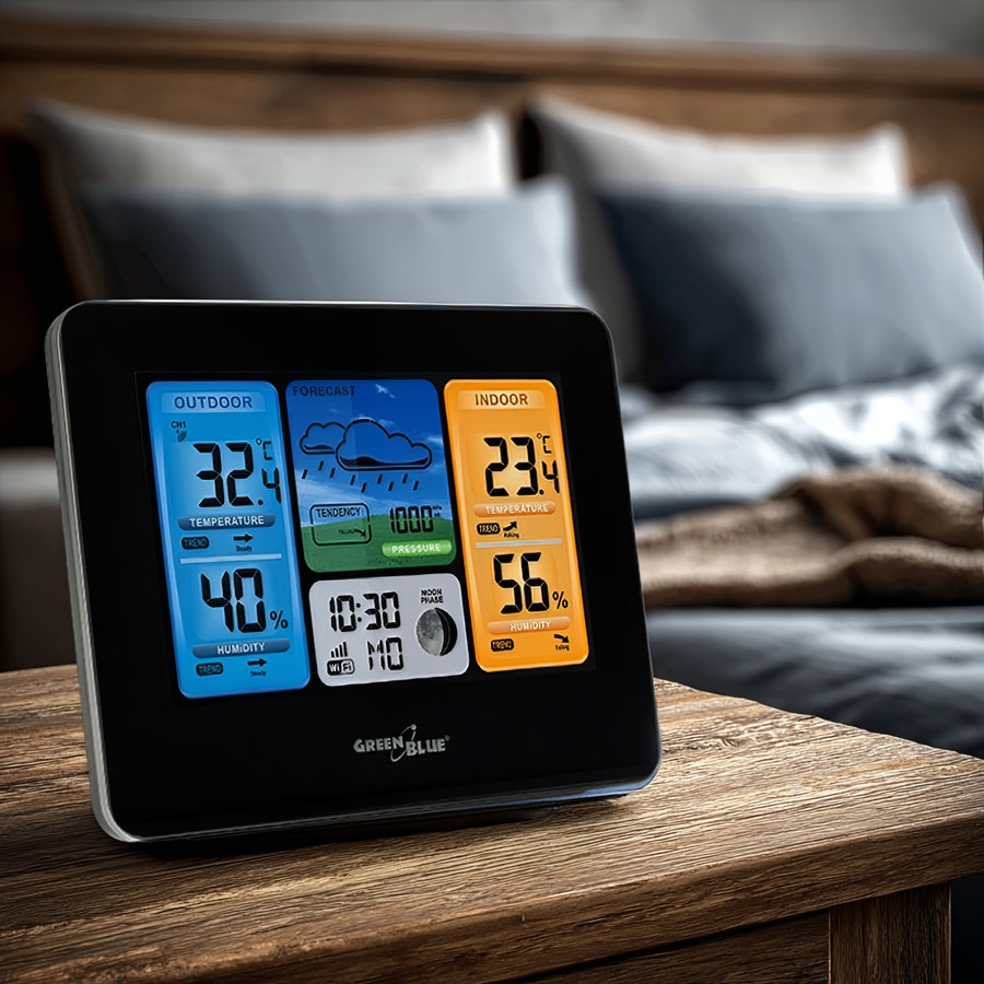 GreenBlue GB215 WiFi-weerstation met weersvoorspelling-app Compatibel met TUYA-display 7 talen Binnen- en buitentemperatuur Maanfaseweergave Datum- en dagweergave Weersvoorspellingsfunctie IPX4