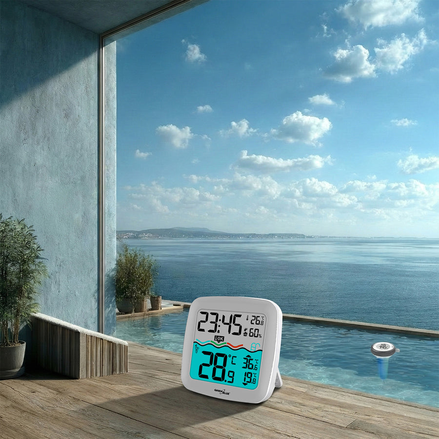 GreenBlue GB216 Digitale draadloze zwembadthermometer met weerstation Temperatuurstation met zwembadthermometer Binnentemperatuur Watertemperatuur Drijvende thermometer Pool SPA DCF-radioklokfunctie