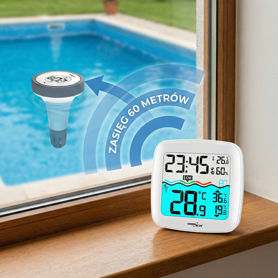 GreenBlue GB216 Digitale draadloze zwembadthermometer met weerstation Temperatuurstation met zwembadthermometer Binnentemperatuur Watertemperatuur Drijvende thermometer Pool SPA DCF-radioklokfunctie