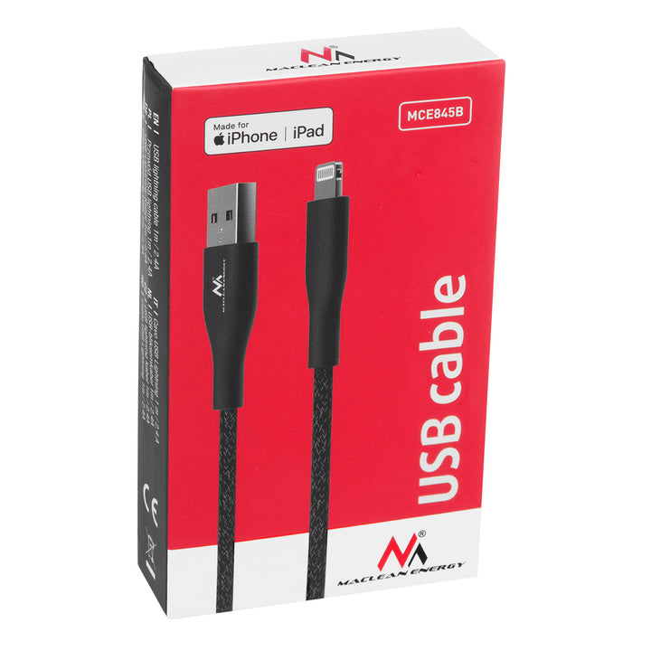 Maclean MCE845B MFi-gecertificeerde oplaadkabel Gegevensoverdrachtkabel Compatibel met iPhone/iPod/iPad 5V/2.4A snel opladen 1 meter Zwart