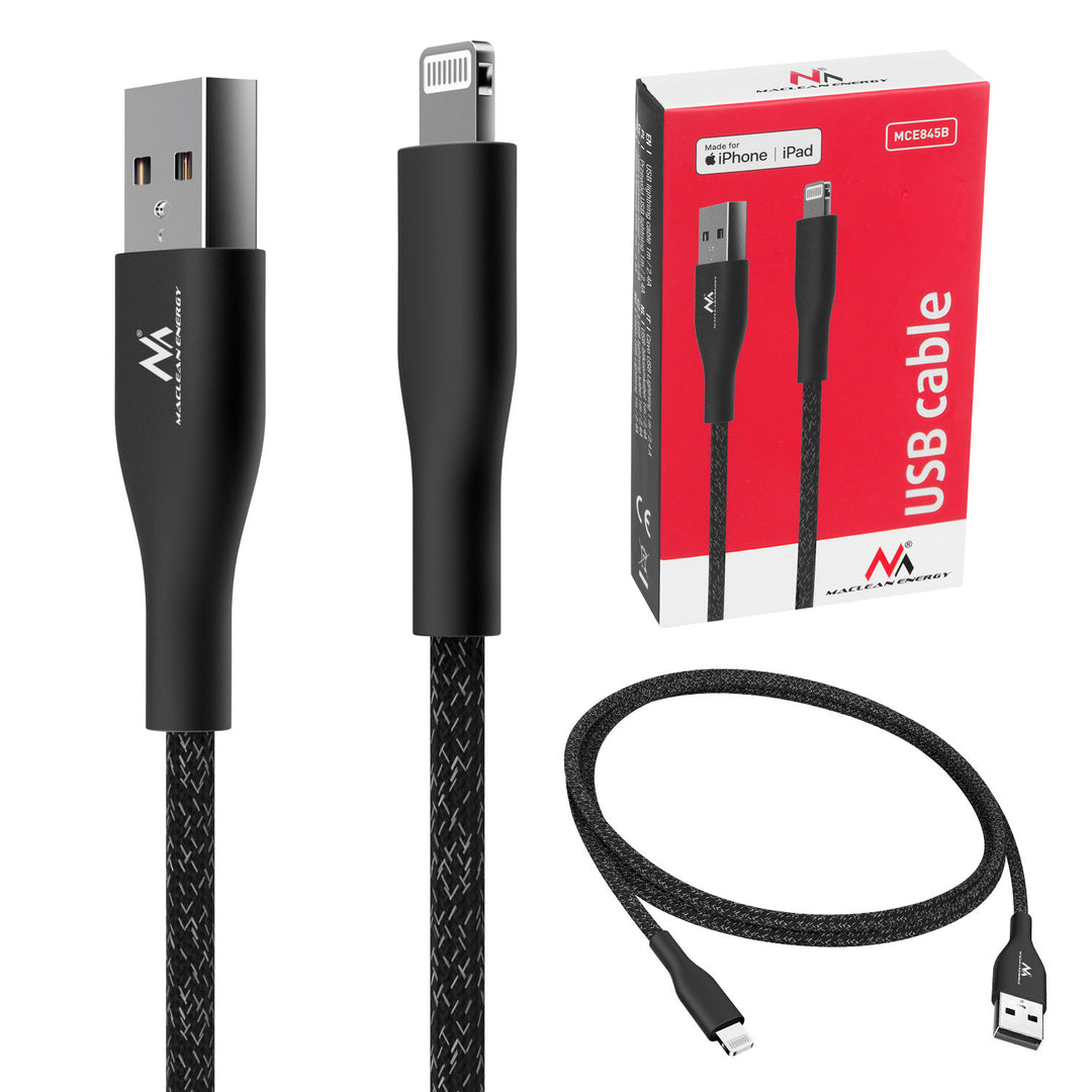 Maclean MCE845B MFi-gecertificeerde oplaadkabel Gegevensoverdrachtkabel Compatibel met iPhone/iPod/iPad 5V/2.4A snel opladen 1 meter Zwart