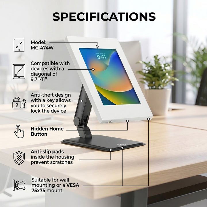 Maclean Tablet reclamehouder, muurbeugel met slot, 9,7"-11", iPad/iPad Air/iPad Pro, Samsung Galaxy Tab A/Tab A7/Tab S6 Lite, MC-474W