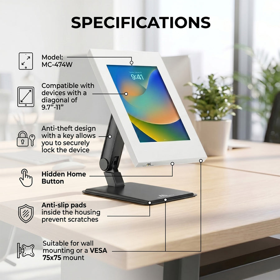 Maclean Tablet reclamehouder, muurbeugel met slot, 9,7"-11", iPad/iPad Air/iPad Pro, Samsung Galaxy Tab A/Tab A7/Tab S6 Lite, MC-474W