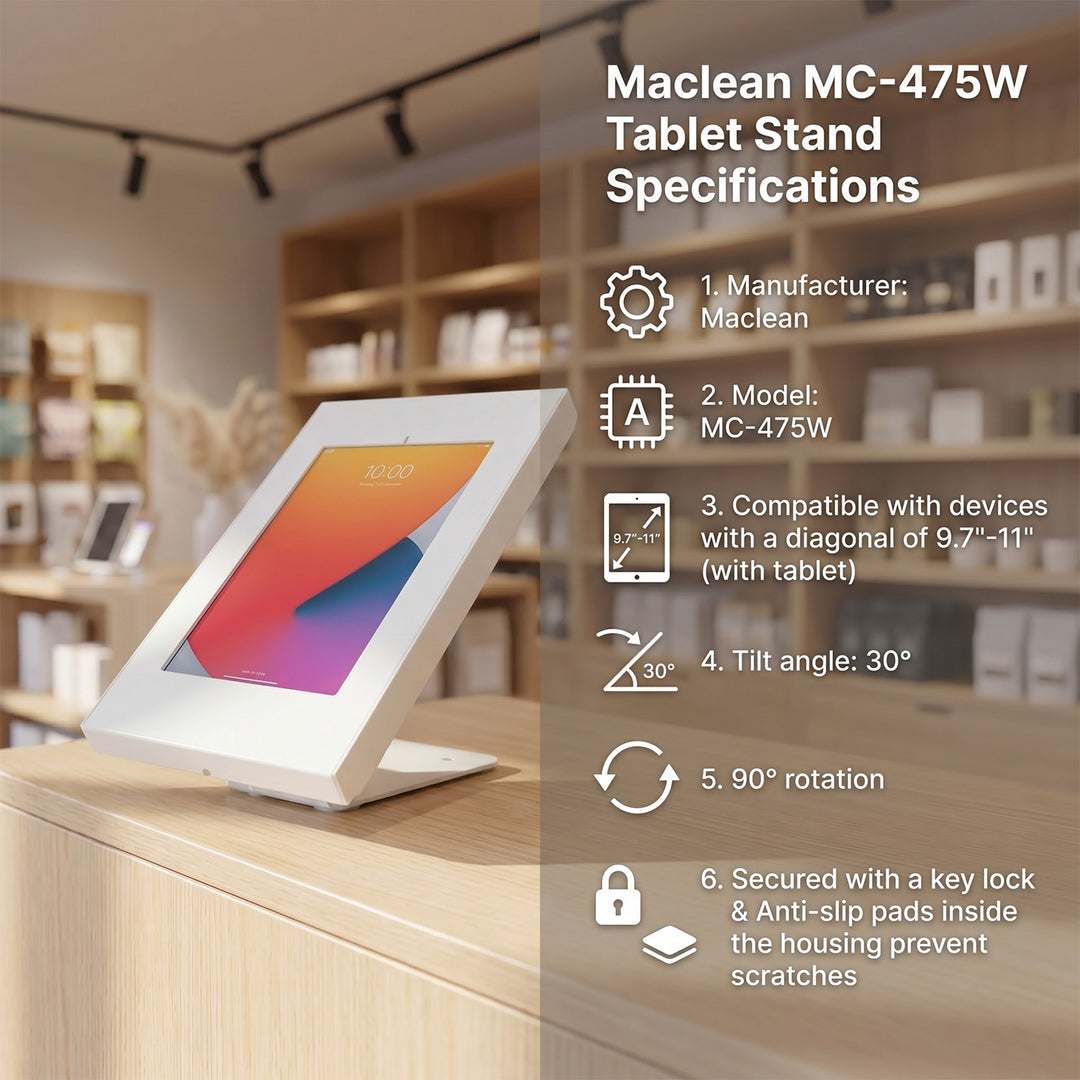 Maclean MC-475W - Tablethouder - muur-/kantoorbevestiging met slot, 9,7"-11" - Wit