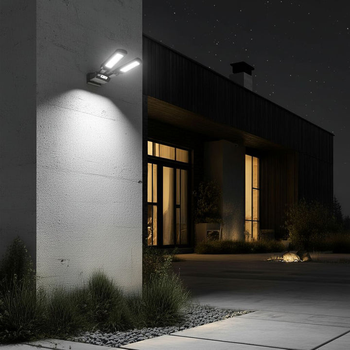 Solar straatlamp met bewegings- en schemersensor IP54 5W 2x 450 Lumen 6500K Twee lichtbronnen Afstandsbediening Solar Lamp Buitenwandlamp Buitenverlichting 3 verlichtingsmodi