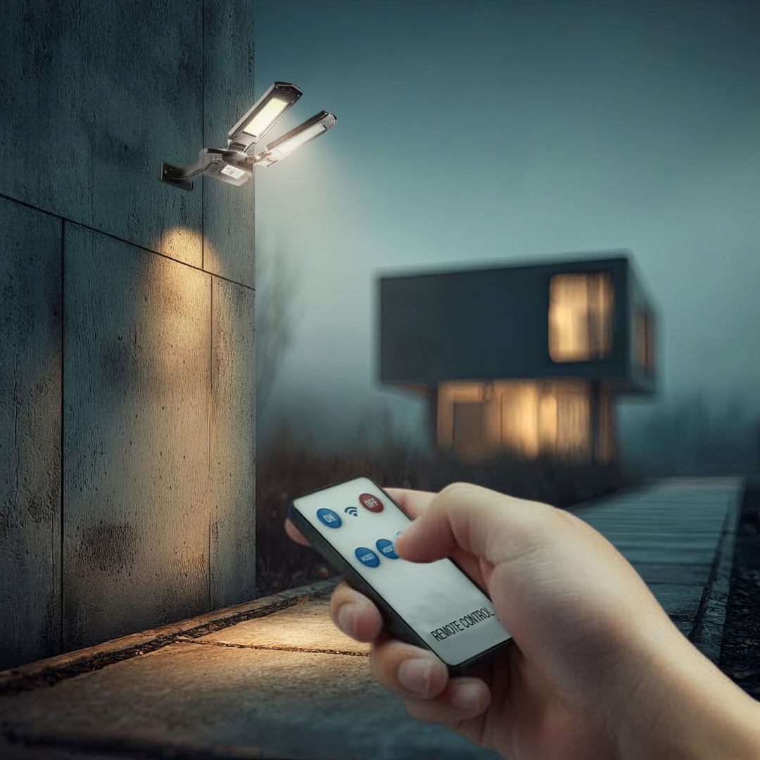 Solar straatlamp met bewegings- en schemersensor IP54 5W 2x 450 Lumen 6500K Twee lichtbronnen Afstandsbediening Solar Lamp Buitenwandlamp Buitenverlichting 3 verlichtingsmodi