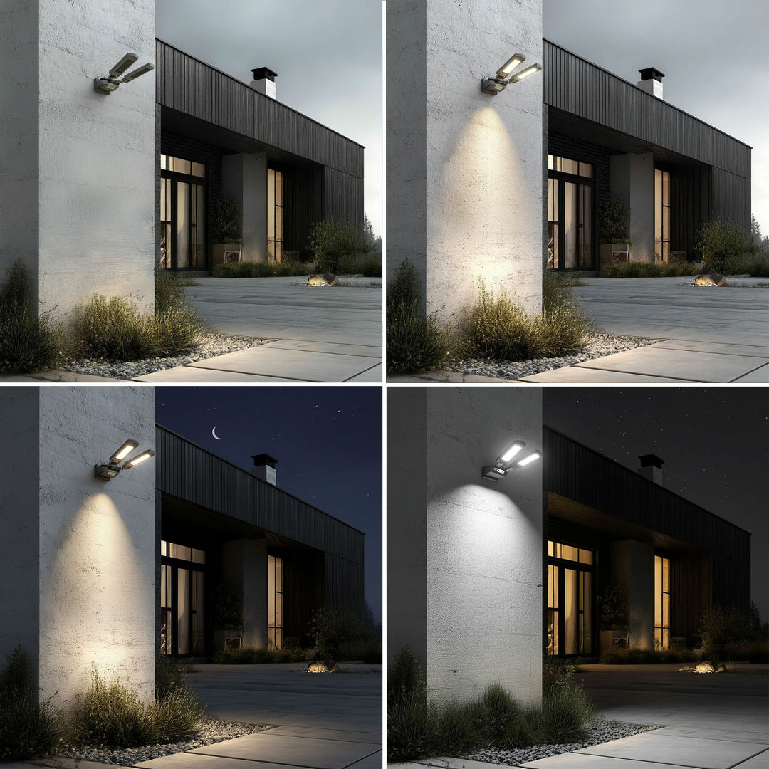 Solar straatlamp met bewegings- en schemersensor IP54 5W 2x 450 Lumen 6500K Twee lichtbronnen Afstandsbediening Solar Lamp Buitenwandlamp Buitenverlichting 3 verlichtingsmodi