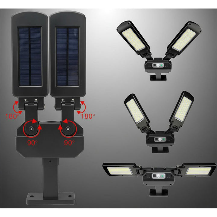 Solar straatlamp met bewegings- en schemersensor IP54 5W 2x 450 Lumen 6500K Twee lichtbronnen Afstandsbediening Solar Lamp Buitenwandlamp Buitenverlichting 3 verlichtingsmodi