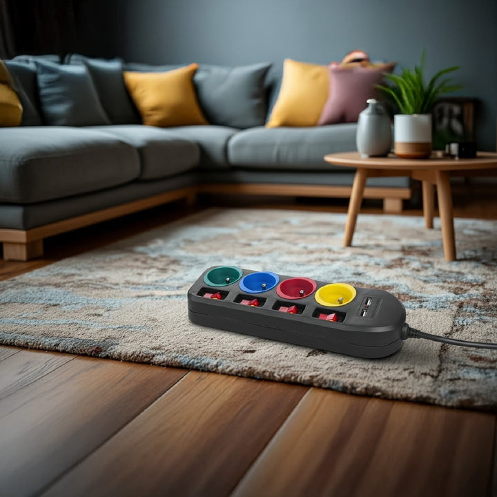 Maclean - Stekkerdoos met schakelaars met penaarde  - 4-voudig + 2x USB - 250VAC/10A, 2,1A 5V - 1.5m - Zwart