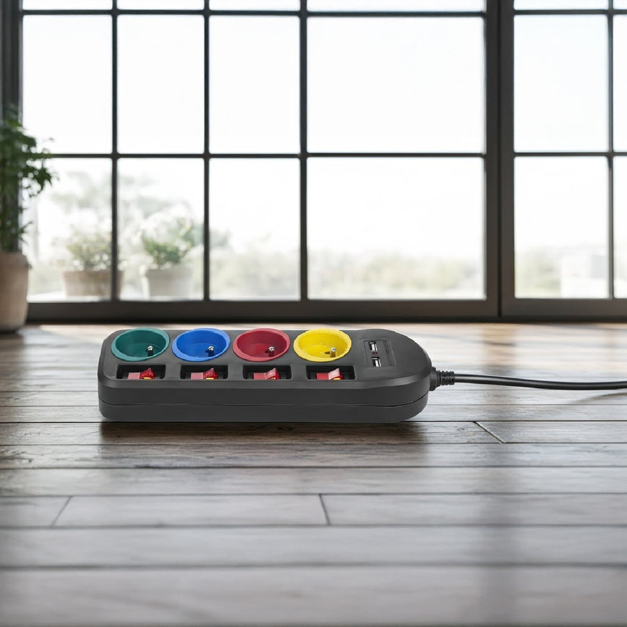 Maclean - Stekkerdoos met schakelaars met penaarde  - 4-voudig + 2x USB - 250VAC/10A, 2,1A 5V - 1.5m - Zwart