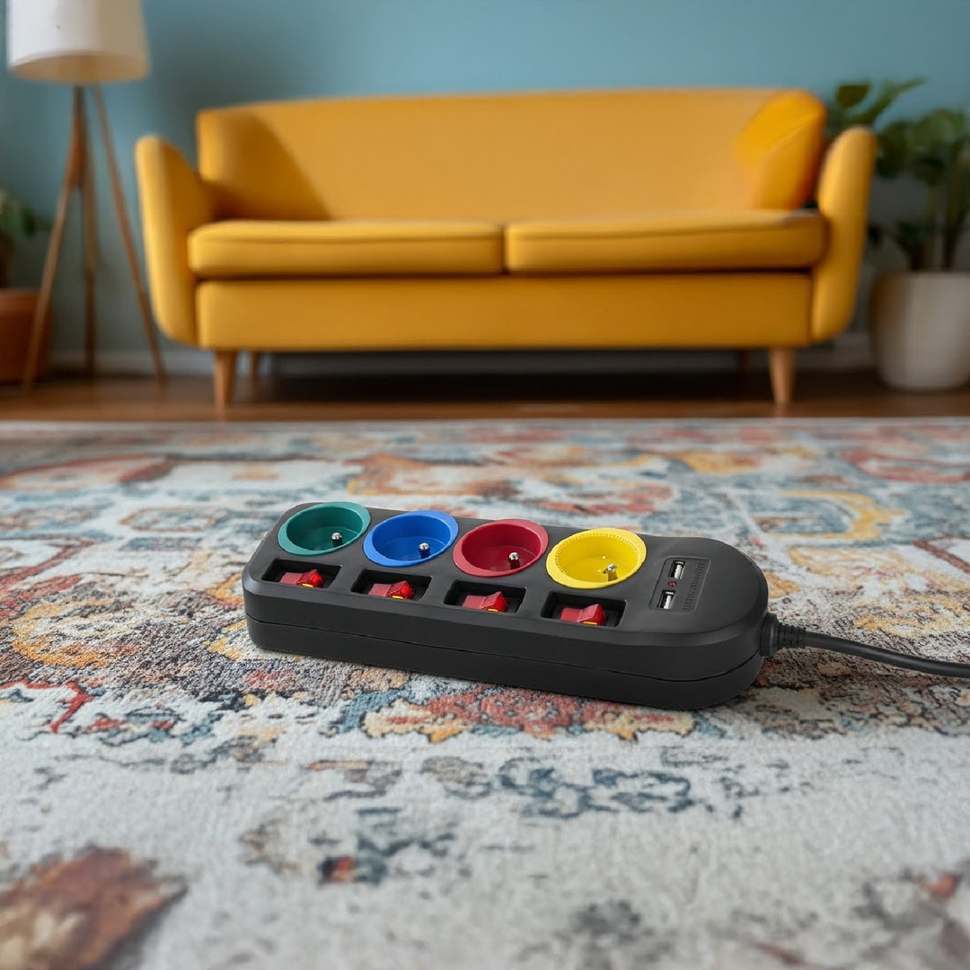 Maclean - Stekkerdoos met schakelaars met penaarde  - 4-voudig + 2x USB - 250VAC/10A, 2,1A 5V - 1.5m - Zwart