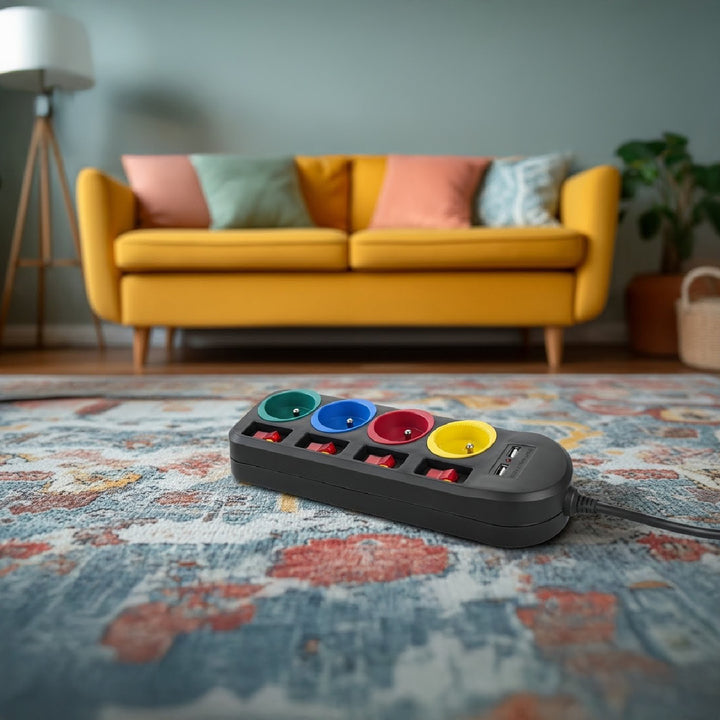 Maclean - Stekkerdoos met schakelaars met penaarde  - 4-voudig + 2x USB - 250VAC/10A, 2,1A 5V - 1.5m - Zwart