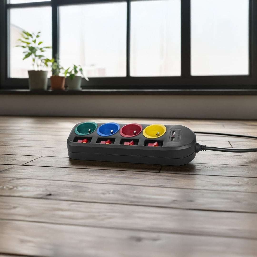 Maclean - Stekkerdoos met schakelaars met penaarde  - 4-voudig + 2x USB - 250VAC/10A, 2,1A 5V - 1.5m - Zwart