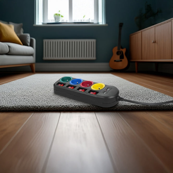 Maclean - Stekkerdoos met schakelaars met penaarde  - 4-voudig + 2x USB - 250VAC/10A, 2,1A 5V - 1.5m - Zwart