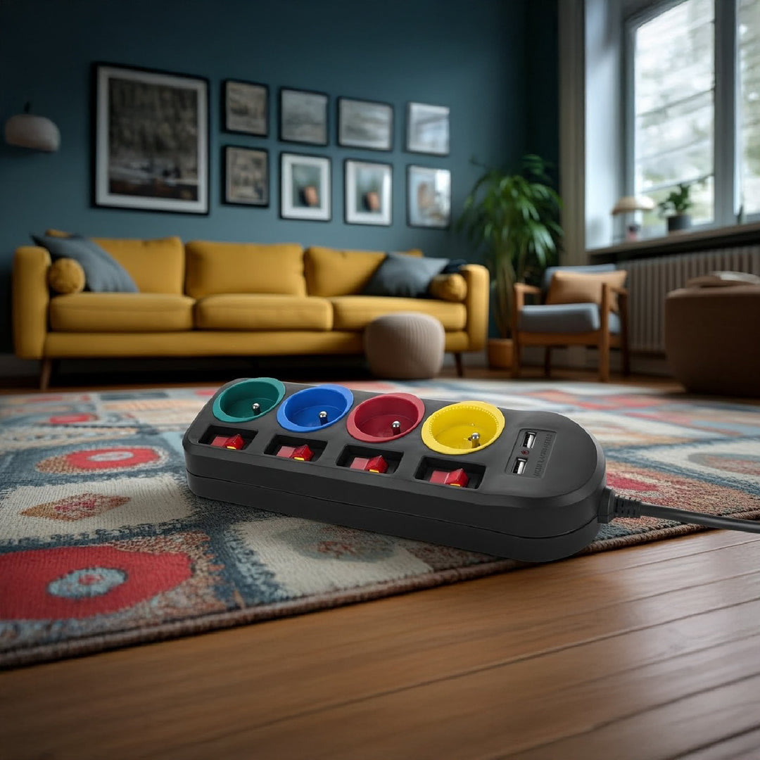 Maclean - Stekkerdoos met schakelaars met penaarde  - 4-voudig + 2x USB - 250VAC/10A, 2,1A 5V - 1.5m - Zwart